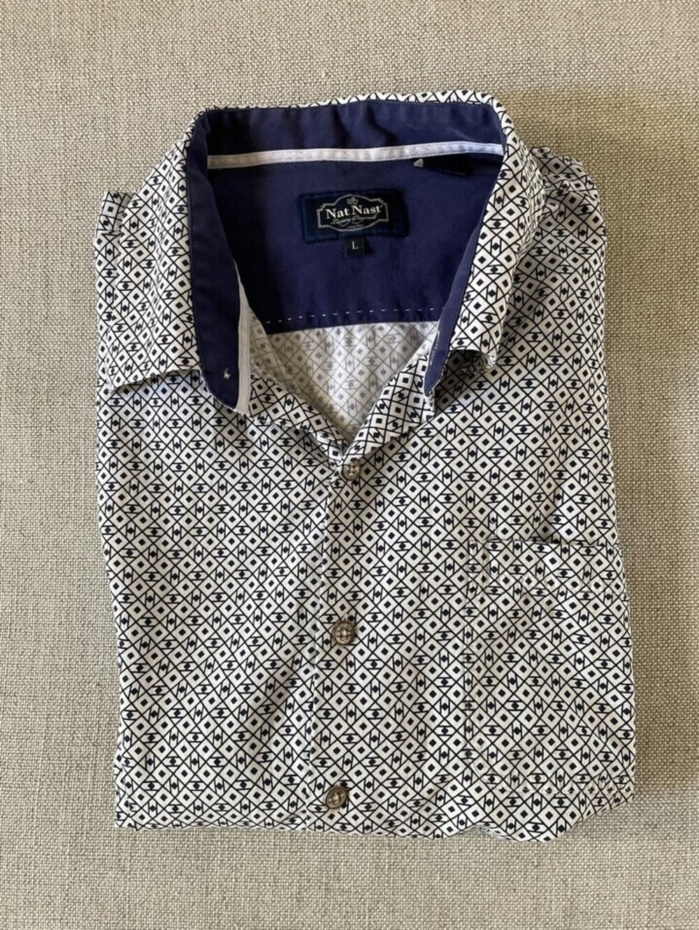 Nat Nast Print Short Sleeve Silk Shirt Navy White L